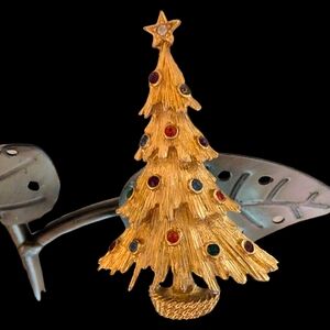 Vintage Monet Christmas Tree Brooch Gold Tone Jewel Tone Rhinestones